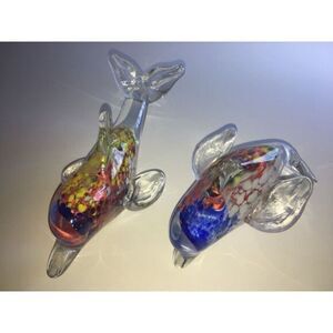 Pair Italian Art Glass Murano Dolphins splatters of color‎ encased in clear